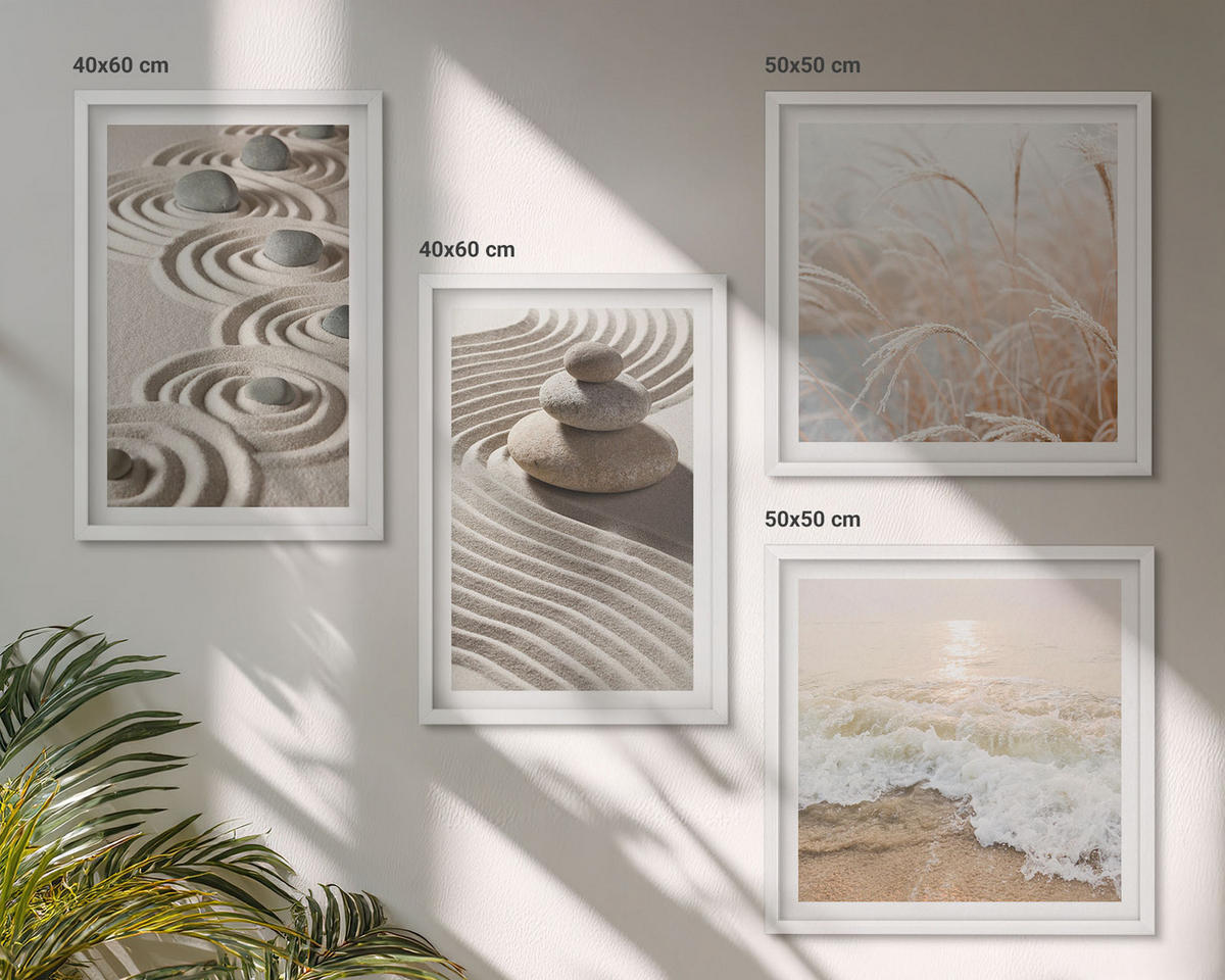 BILDER SET 4er Set - 50x50 cm & 40x60 cm Weißer Rahmen - Wellen, Sand, Wasser, Steine, Strand - Weiß, Kunststoff (50/50cm) - TULUP