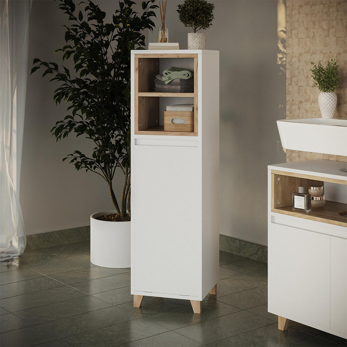 MIDISCHRANK Elnor Weiß/Eiche 30 x 105 cm mit ausklappbarem Wäschebehälter - Weiß, Holzwerkstoff (30/105/30cm) - Vicco