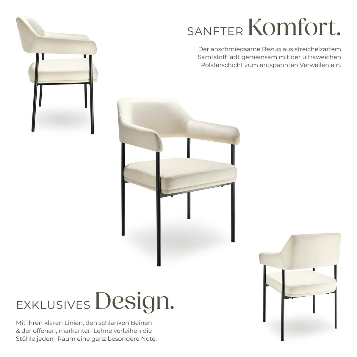 ARMLEHNSTUHL 6er Set Doé 58 x 62 x 85 cm Samtoptik off-white - Weiß/Samtahornfarben, Textil (58/85/62cm) - tectake