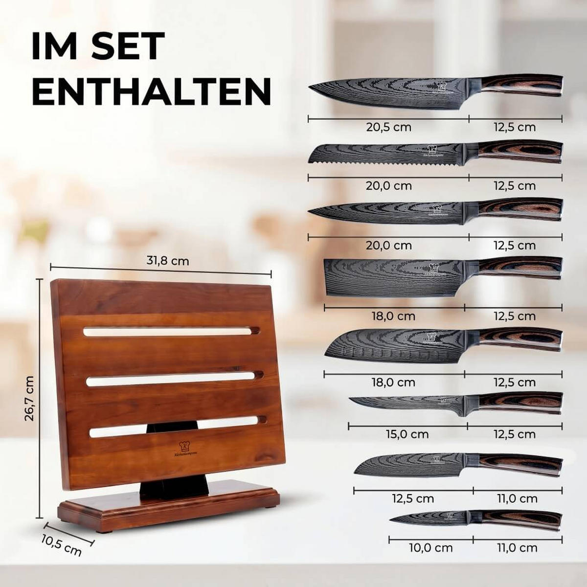 MESSER-SET Jishaku 9-tlg. – Magnetischer Akazienblock & Profimesser - Braun, Holz/Metall - Küchenkompane