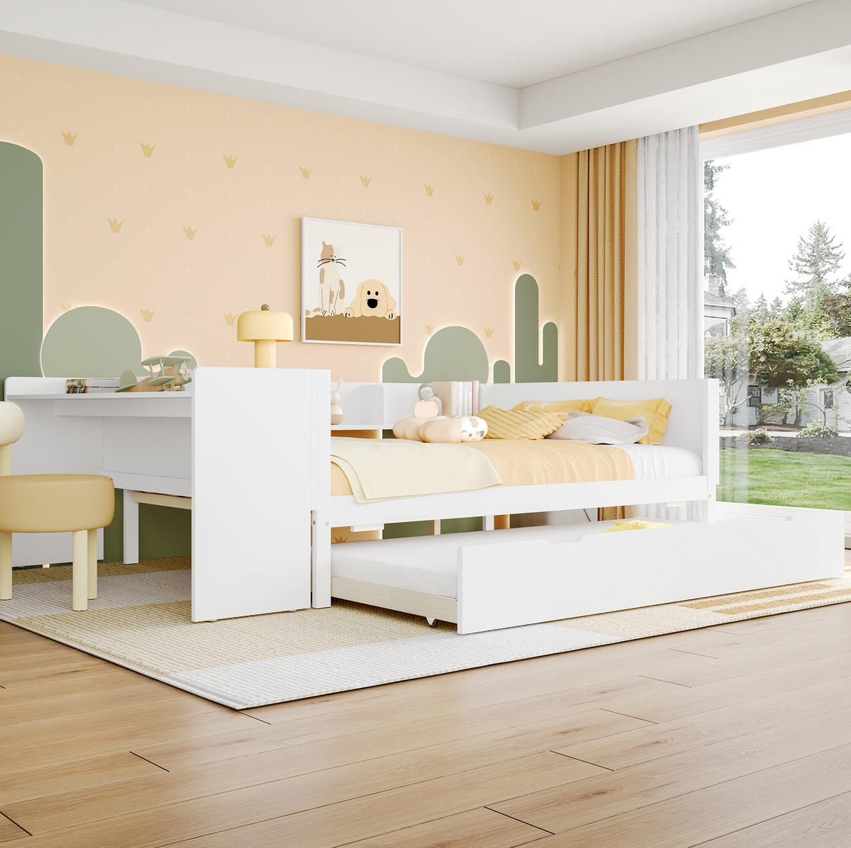 BETT 140/200 cm mit Schreibtisch, Rollbett und Regalen aus Kiefern und Spanplatte, Weiß - Weiß, Holzwerkstoff (140/200cm) - Redom