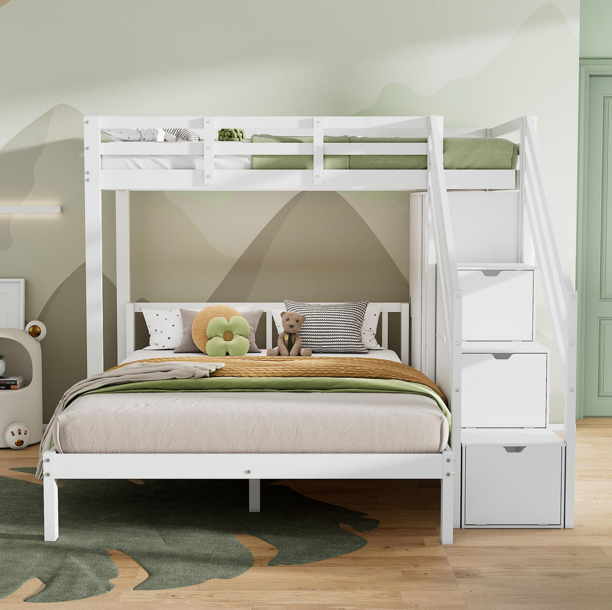 ETAGENBETT 90/200 cm + 140/200 cm in Weiß mit Kleiderschrank und Stauraumtreppe - Weiß, Holz (90/200cm) - Flora Grace