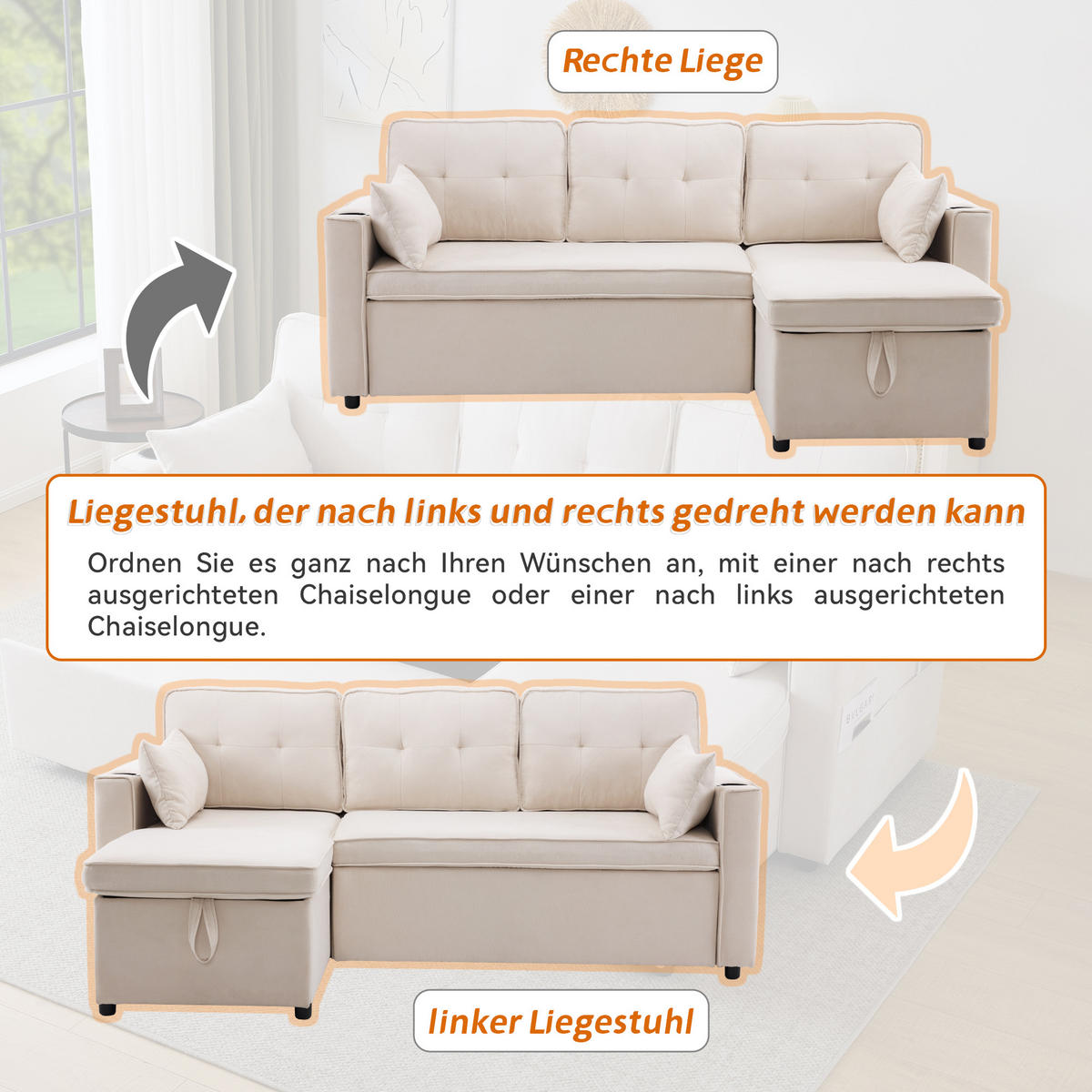 ECKSOFA mit Schlaffunktion, Baumwoll-und Leinenstoffe - Beige, Textil (130/211cm) - Kaket