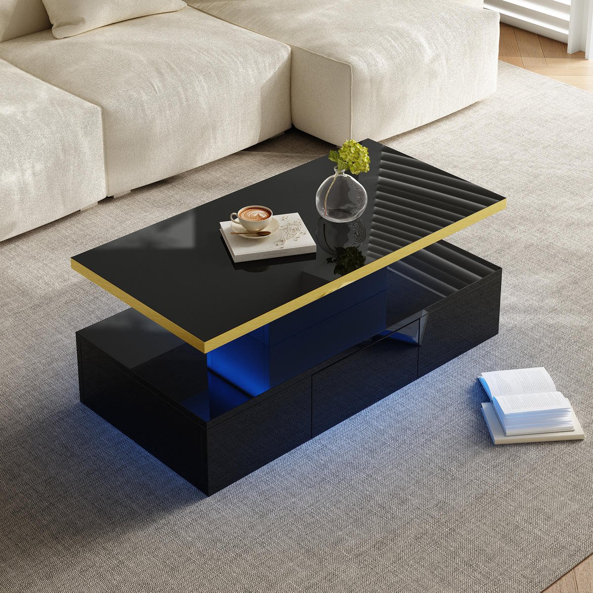 COUCHTISCH Hochglanz mit 2 Ebenen, Schubladen und LED-Licht - Schwarz, Holzwerkstoff (100/50/39cm) - Korfee