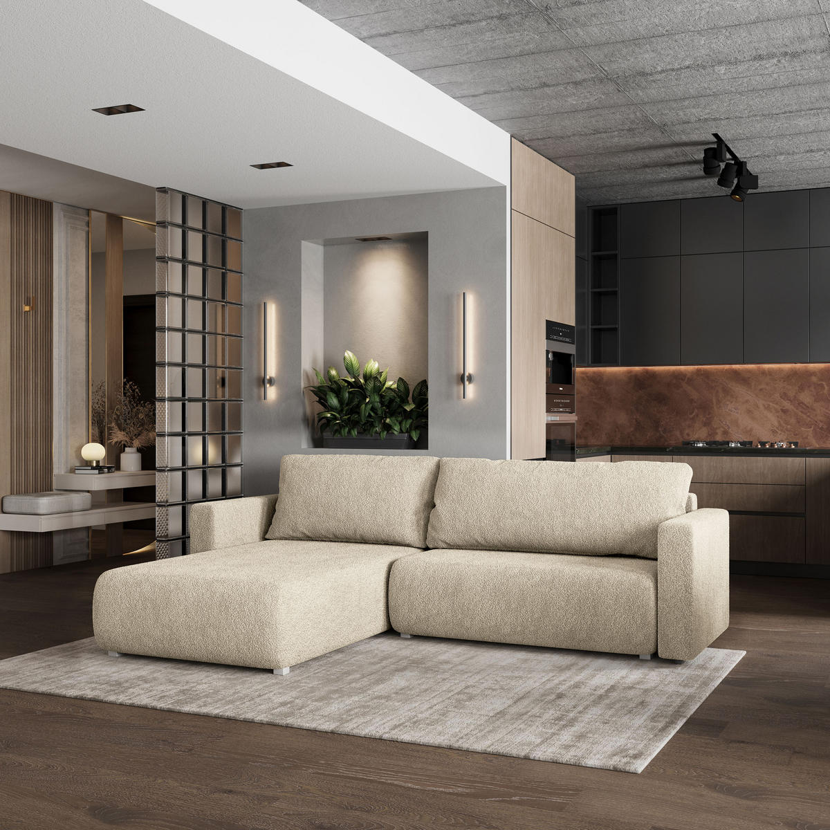 ROHOVÁ SEDAČKA TURIN krémová - šedá/krémová, dřevo/textil (265/183cm) - MASSENO