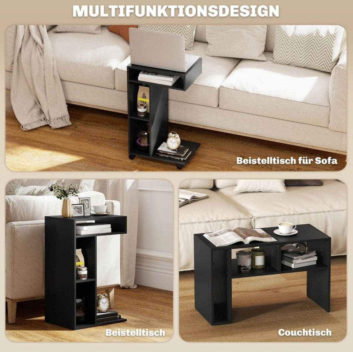 BEISTELLTISCH C-förmig mit 3 Fächern 40 x 30 x 69 cm Schwarz - Schwarz, Holz (30/69/40cm) - Beauniv