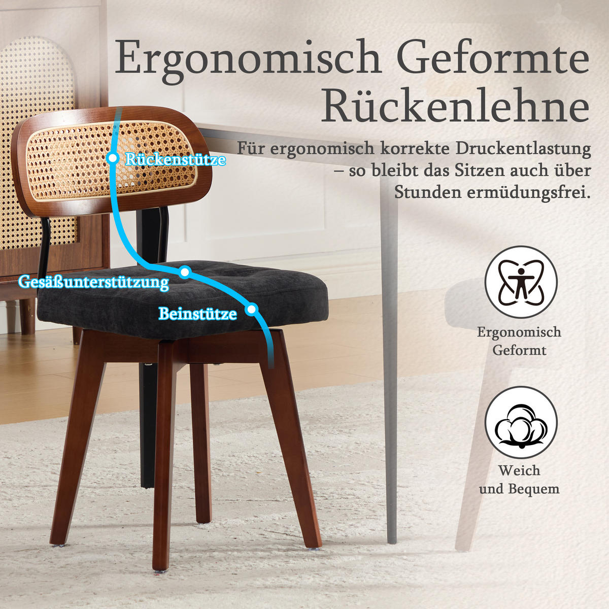 ESSZIMMERSTUHL 2er Set 360° drehbar, Wiener Geflecht, Chenille, Massivholz, Schwarz - Walnussfarben/Schwarz, Holz/Textil (43/77/50cm) - LVHOM