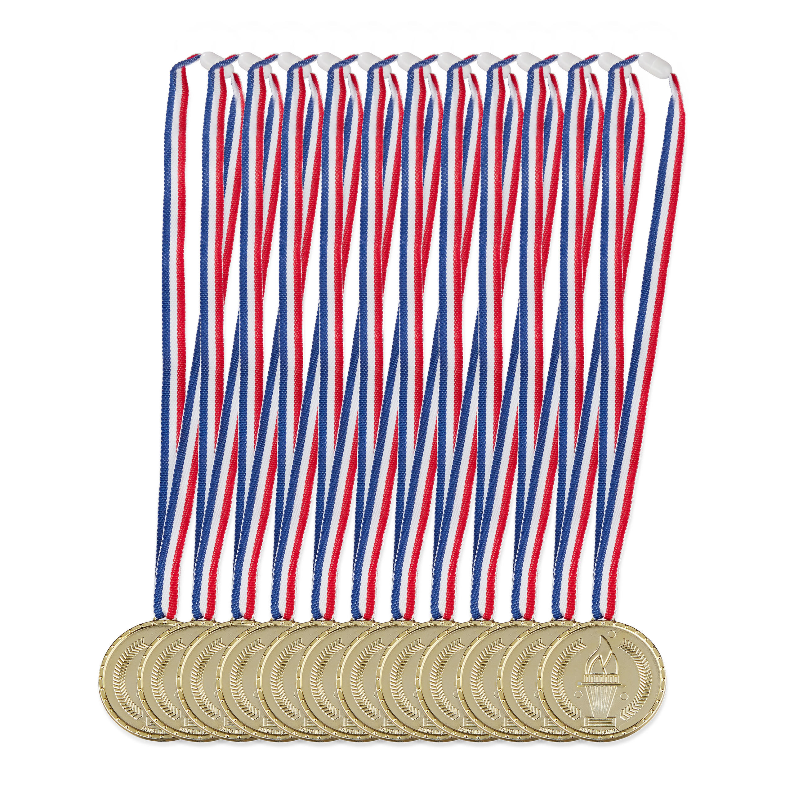 Relaxdays MEDAILE Zlatá 12er-Set plastová stuha Modrá Bílá Červená 62 cm