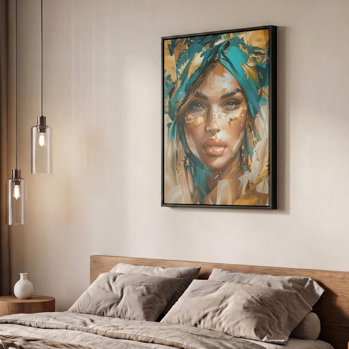 LEINWAND Bilder mit Rahmen - Frau - Porträt - Gold - Luxus - Blau - 50x70 - Türkis, Textil (50/70cm) - MuchoWow