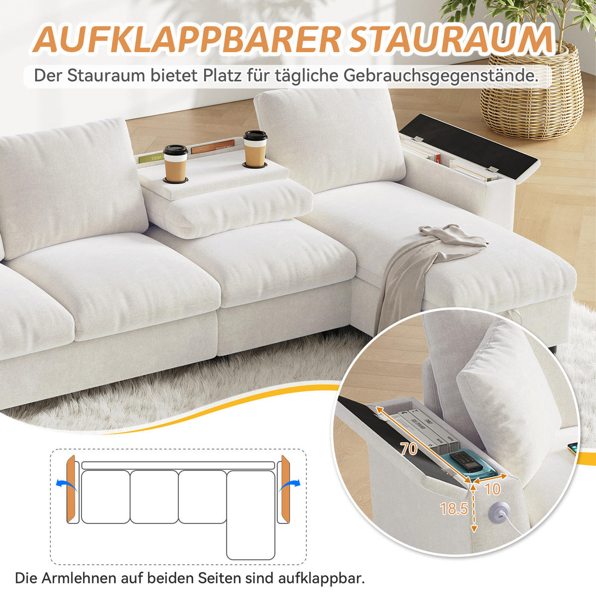 ECKSOFA Chenille Beige mit Schlaffunktion, Stauraum, USB und Type-C - Beige, Holzwerkstoff/Kunststoff (280/137cm) - WISHDOR