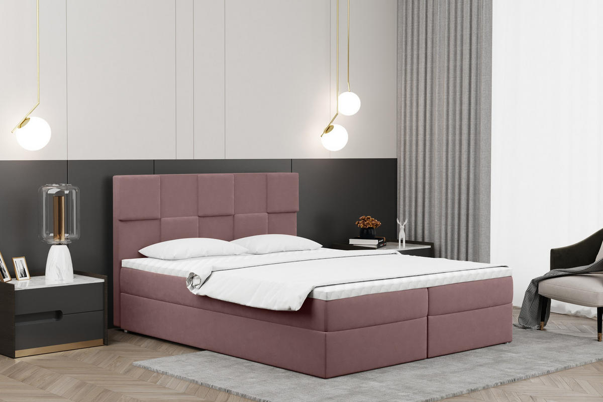 BOXBETT mit Bettkasten und Matratze CLARA Stoff Velvet Rosa 180x200 cm H2-Pocket - Rosa, Holz (180/200cm) - Kaiser Möbel