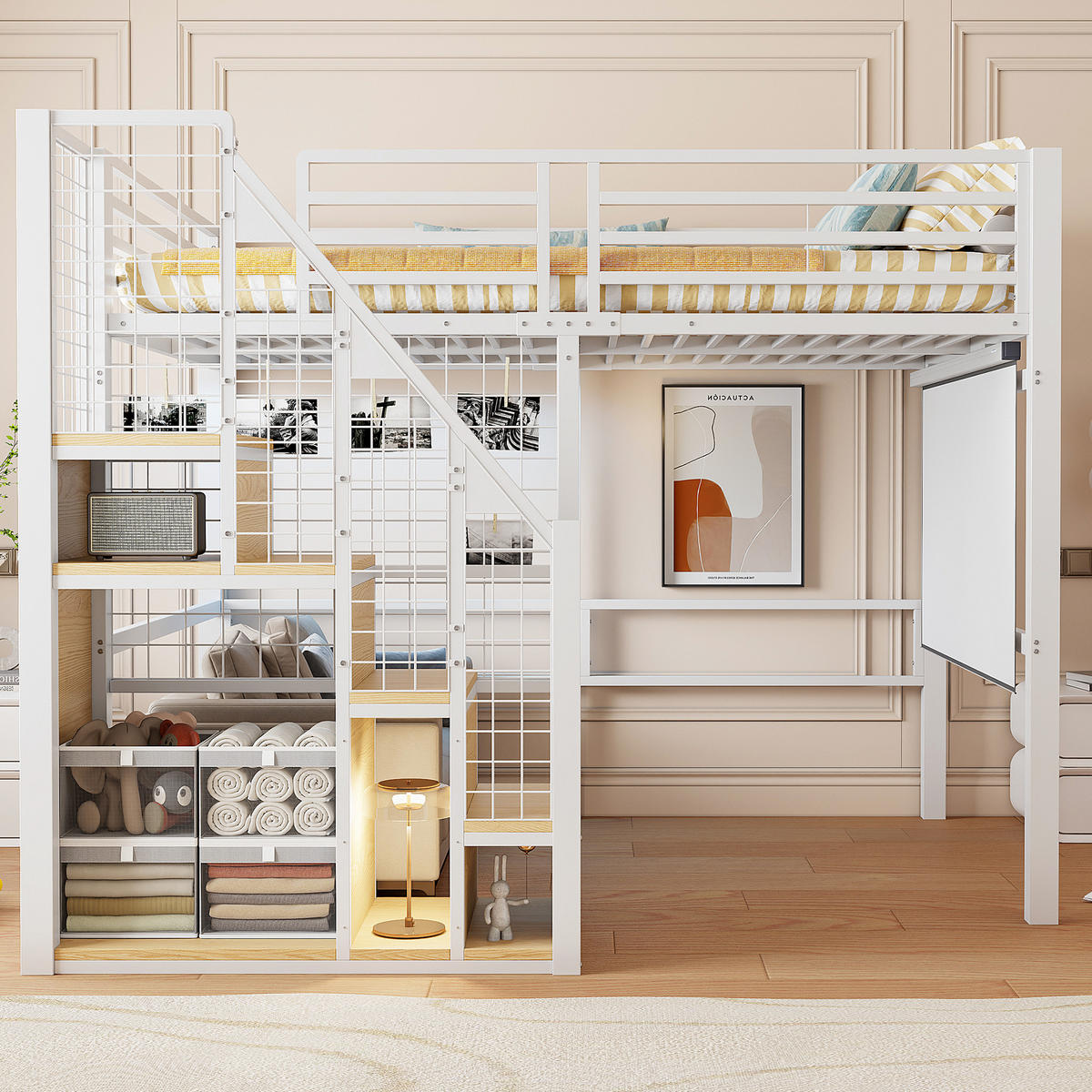 HOCHBETT aus Metall 140x200 cm in Weiß mit Treppe & Stauraum - Weiß, Metall (140/200cm) - Modfu