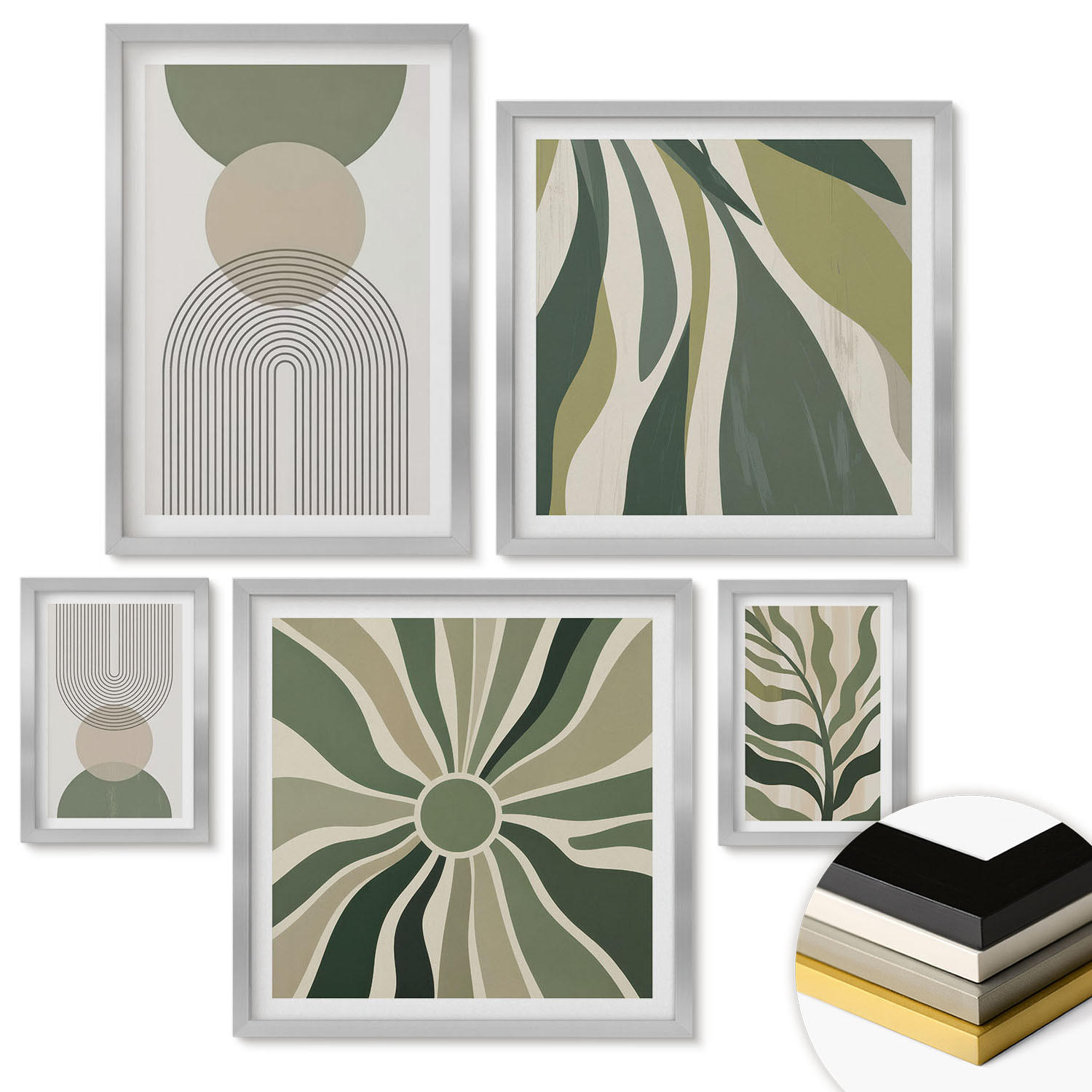 WANDBILDER 5er Set - 50x50 cm & 20x30 cm & 40x60 cm Silberner Rahmen - Bemalte Blätter mit Grün - Silberfarben, Kunststoff (40/60cm) - ArtPrintCave