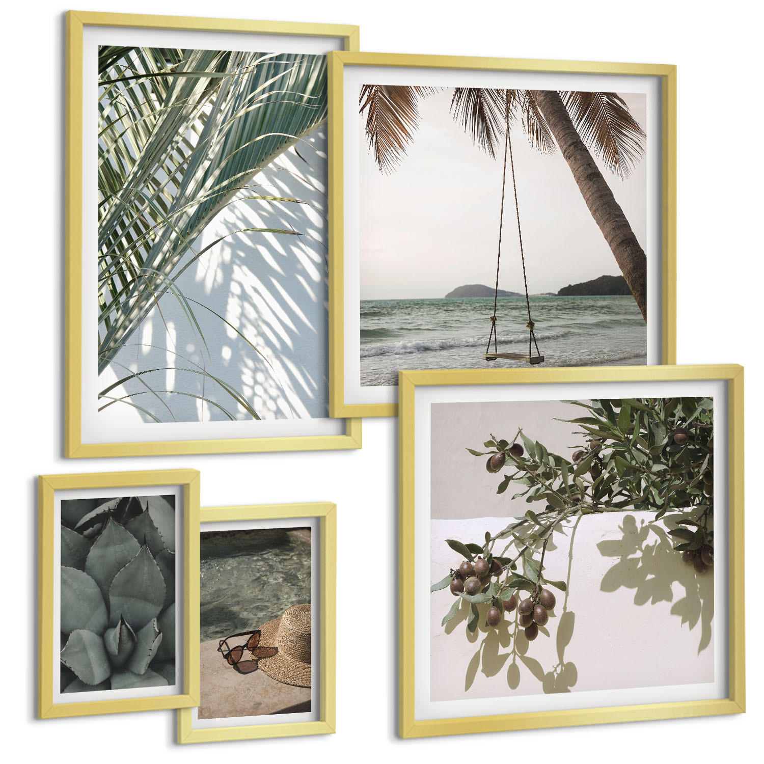BILDER SET 5er Set - 50x50 cm & 20x30 cm & 40x60 cm Goldrahmen - Tropische Pflanzen für den Urlaub - Goldfarben, Kunststoff (40/60cm) - TULUP