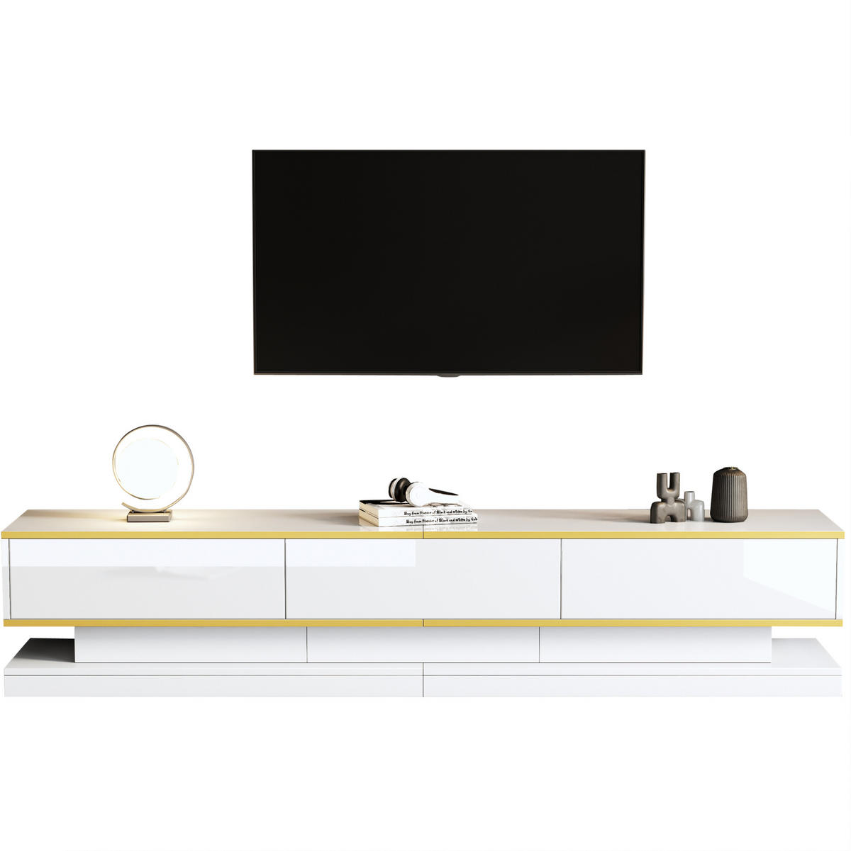 TV-SCHRANK- und Couchtisch-Set aus Spanplatte 200x40x40 cm & 100x50x38 cm Warmweiß mit Schubladen und Hochglanzoberfläche - Weiß, Holzwerkstoff (200/40/40cm) - Modfu