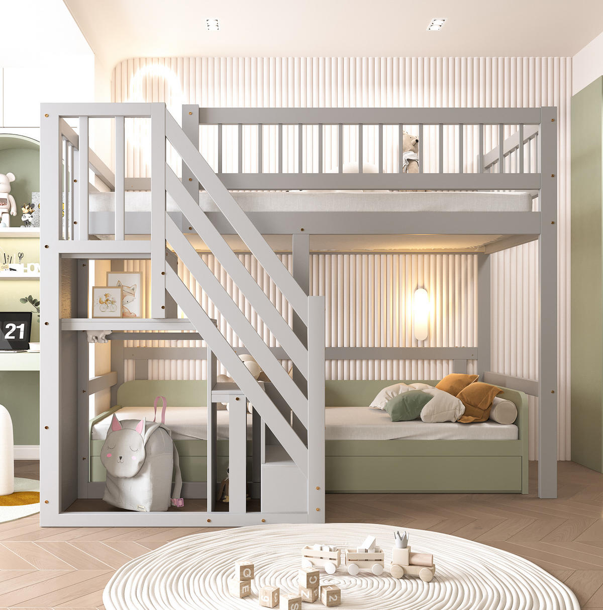 HOCHBETT 90/200 cm mit Stauraumtreppe, grau aus Holz - Grau, Holz (90/200cm) - MIVRAY