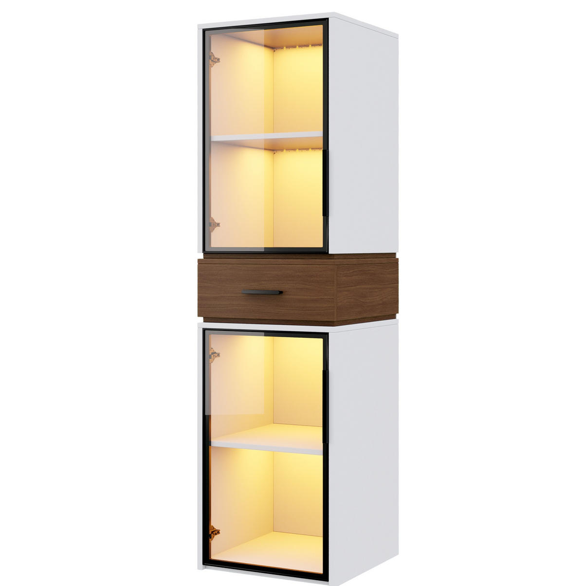VITRÍNA z MDF 40x40x200 cm bílá s LED osvětlením, tvrzeným sklem a zásuvkou v dekoru ořechu - bílá, kompozitní dřevo (40/200/40cm) - Modfu