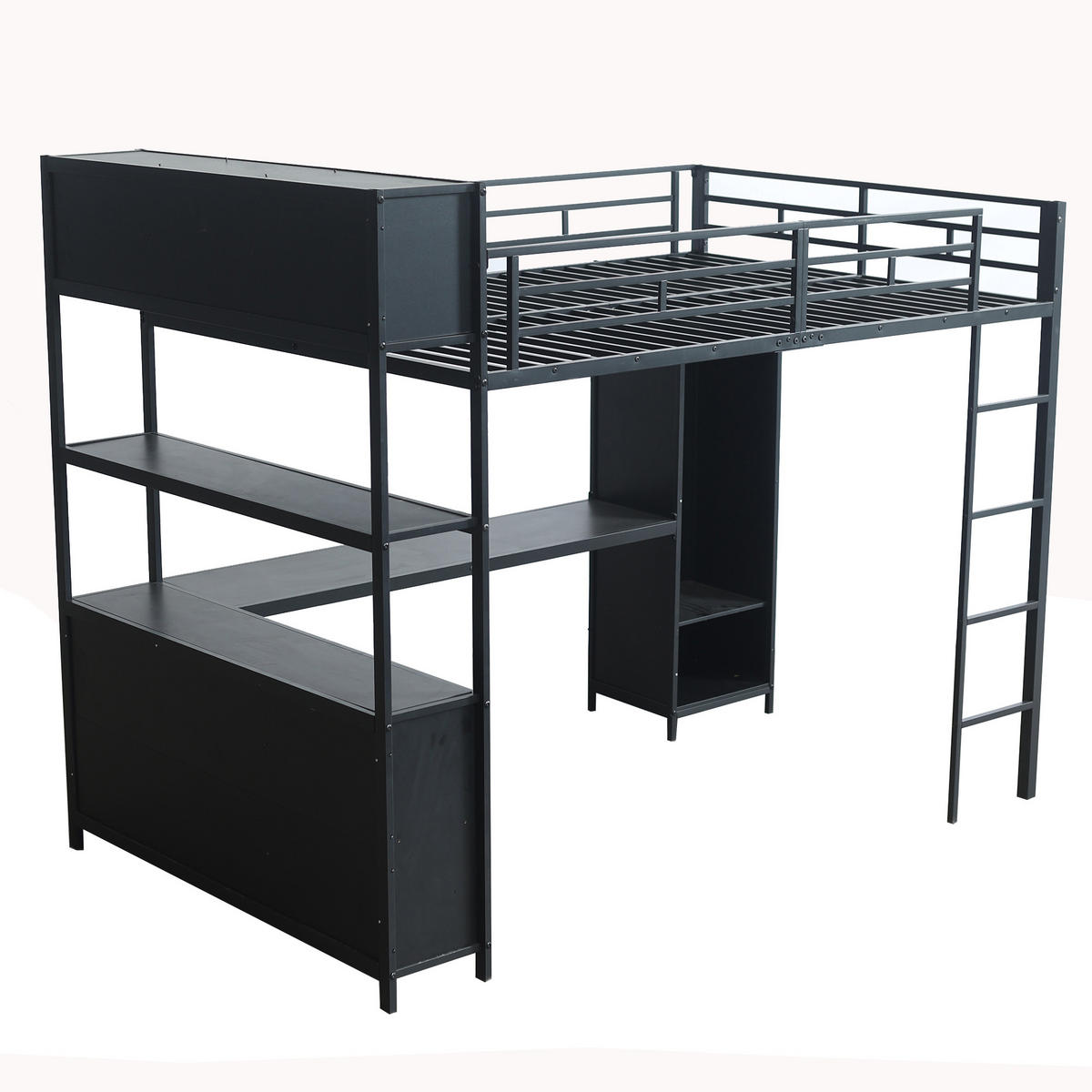 HOCHBETT mit Schreibtisch 140/200 cm in Schwarz – mit Kleiderschrank und Stauraum - Schwarz, Metall (90/200cm) - BEAOK