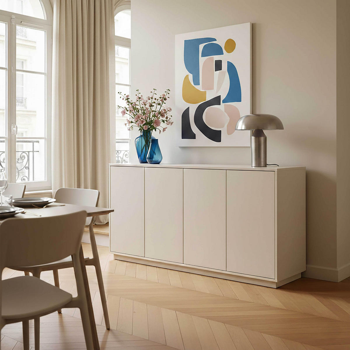 SIDEBOARD 160 cm, Ekru - Weiß, Holz (45/80/160cm) - Oviala