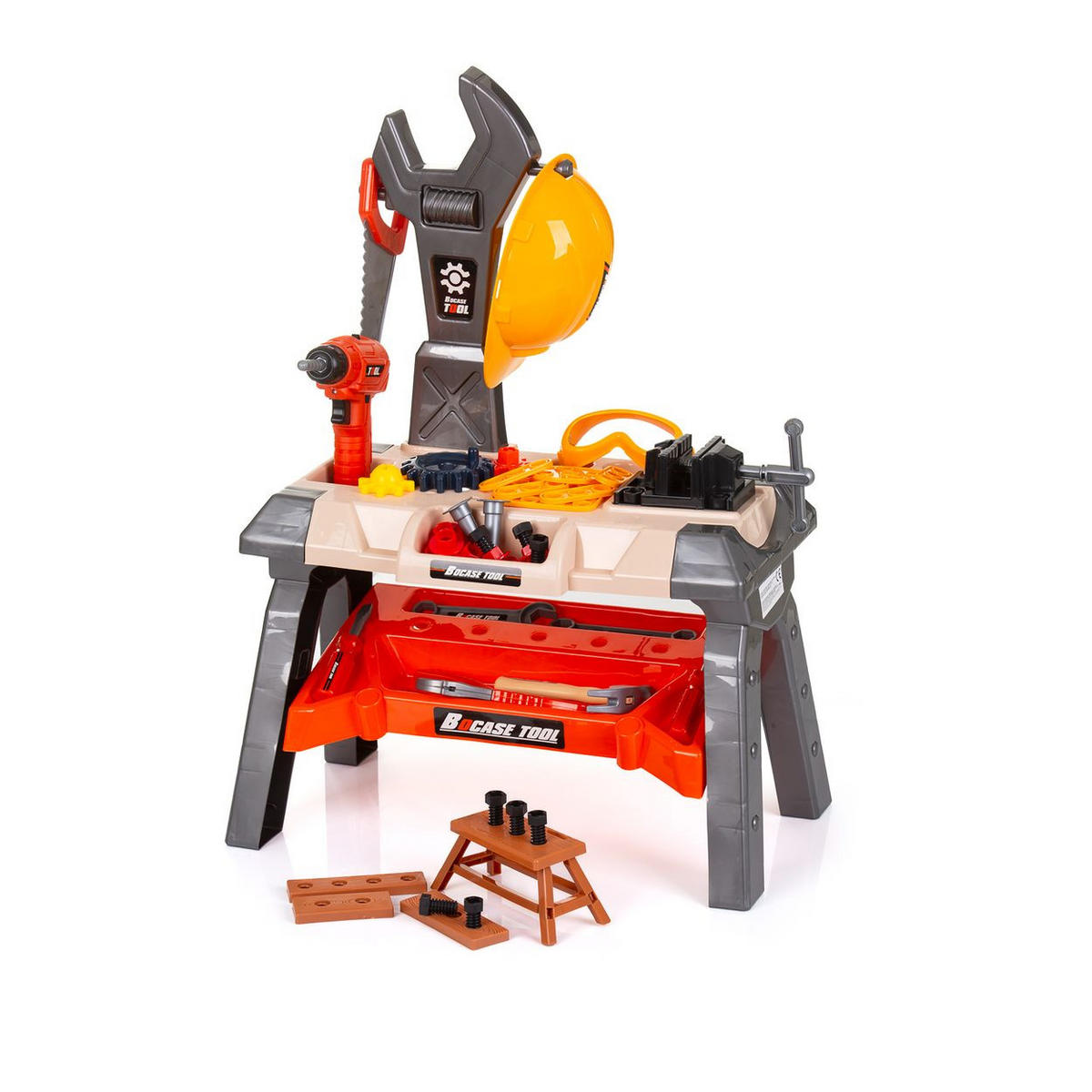 SPIELWERKZEUG Kinderwerkbank 63-teilig grau 63-teilig, Spielzeugwerkzeugset, Helm, Säge, Bohrer, Schrauben - Grau, Kunststoff (29/71/51cm) - Chipolino