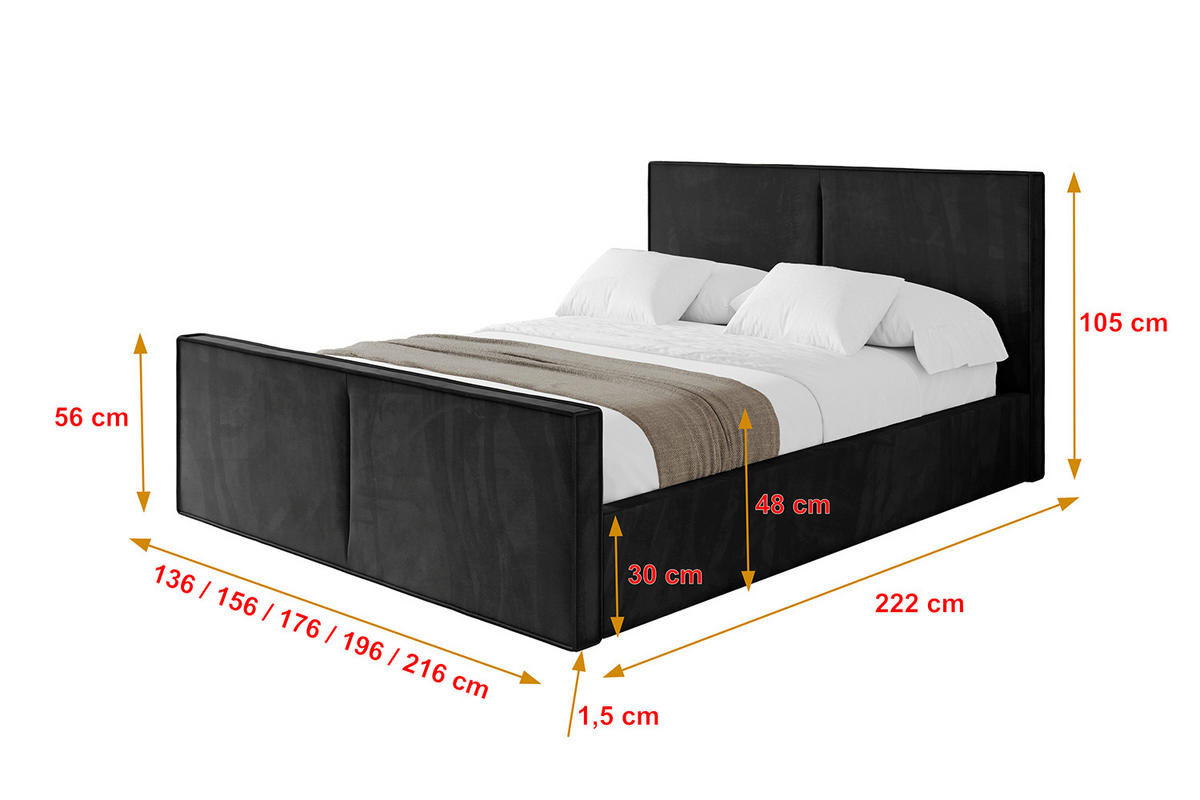 POLSTERBETT mit Bettkasten, Fußteil und Lattenrost, Boxbett mit Matratze H3/H4 - VANTO-Z 160x200 Schwarz - Schwarz, Holzwerkstoff/Textil (160/200cm) - ALTDECOR
