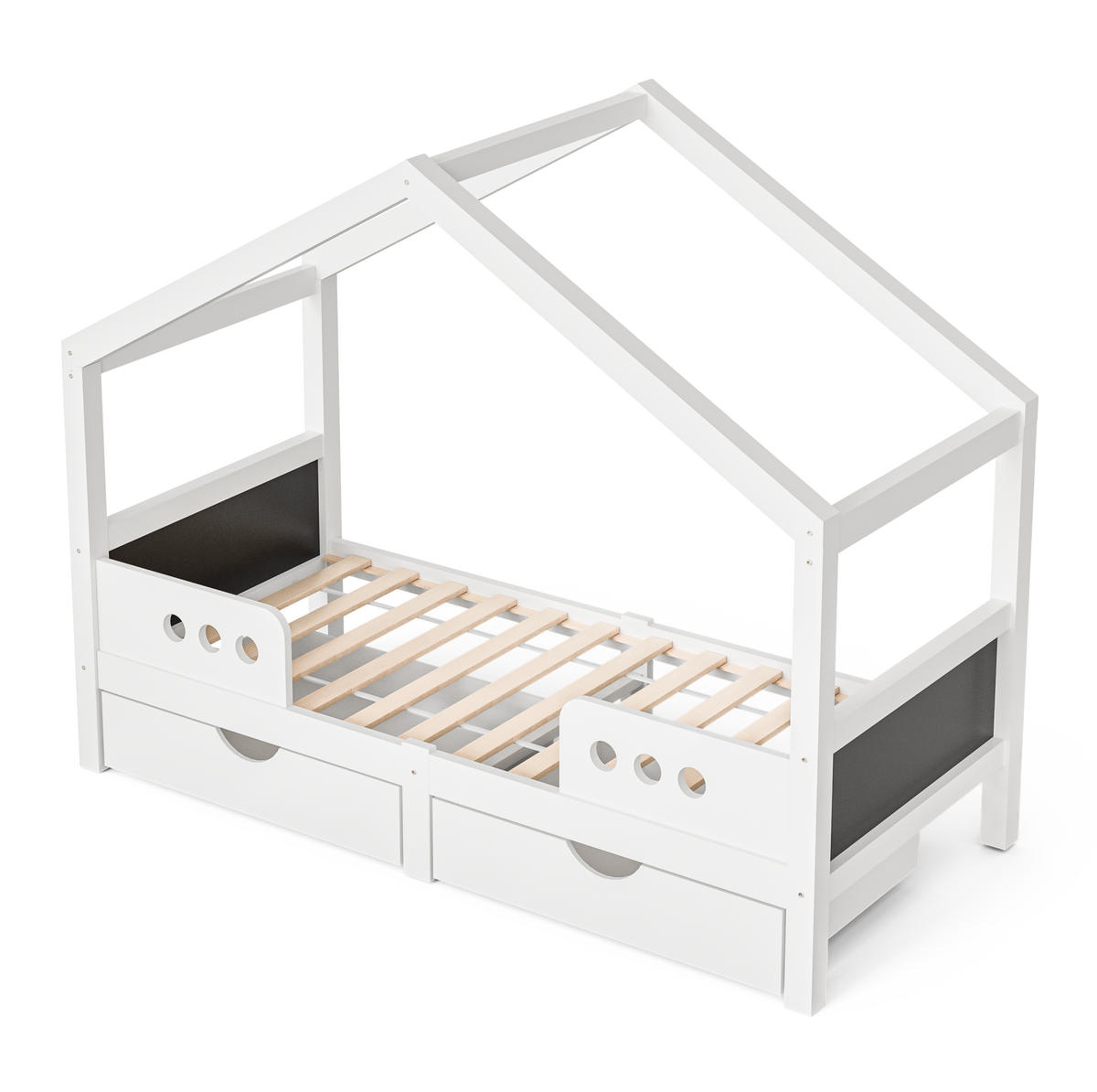 HAUSBETT mit Dachdesign 90/200 cm weiß mit 2 großen Schubladen - Weiß, Holz (90/200cm) - OKWISH