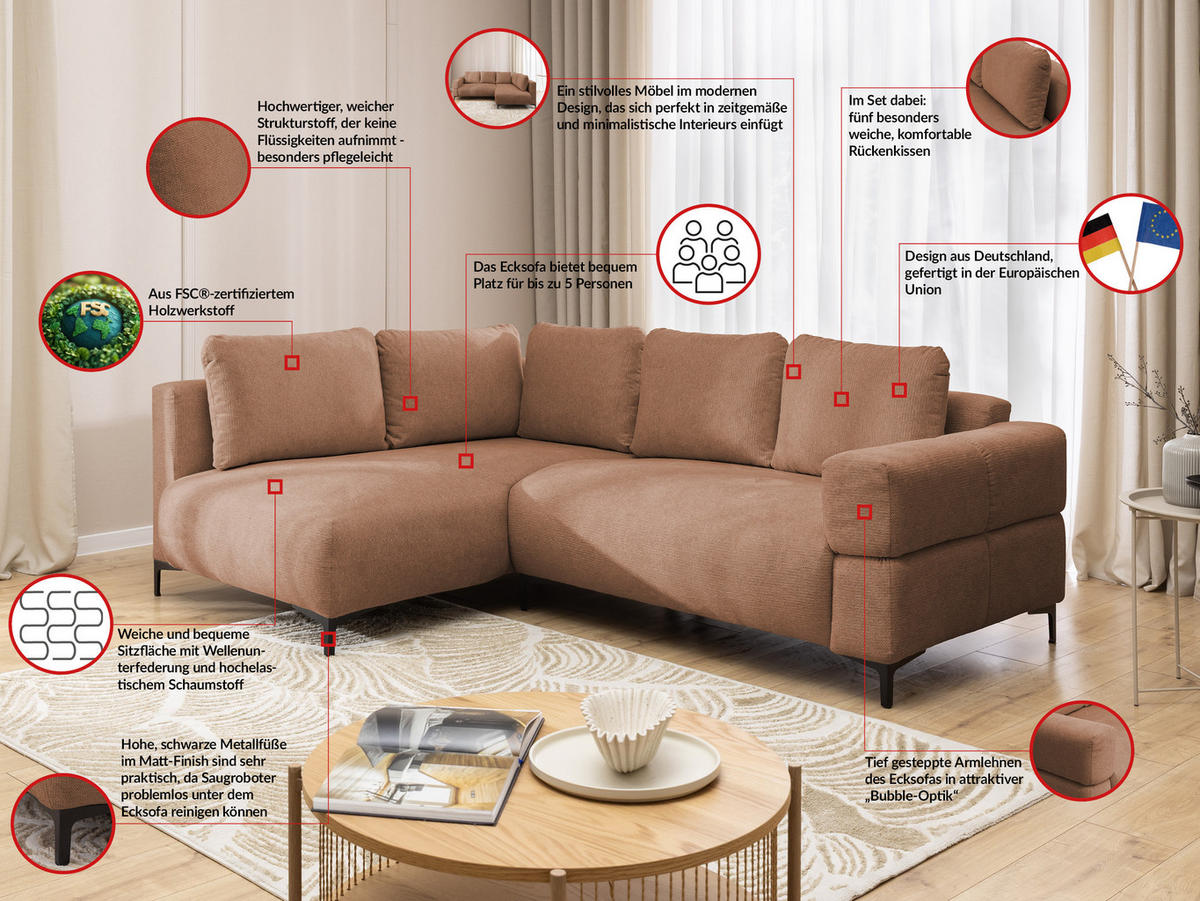 ECKSOFA Cardea in Bubble-Optik aus weichem Terrakotta Strukturstoff mit hohem Sitzkomfort - Ottomane links - Terracotta/Schwarz, Holz/Textil (170/230cm) - S-Style Möbel
