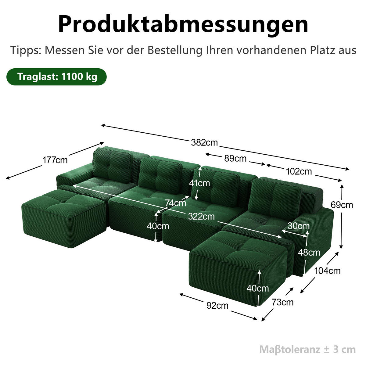 WOHNLANDSCHAFT DE-34113 modular 4-Sitzer mit Chaiselongue Grün - Grün, Textil (177/69/382cm) - ComfortXL