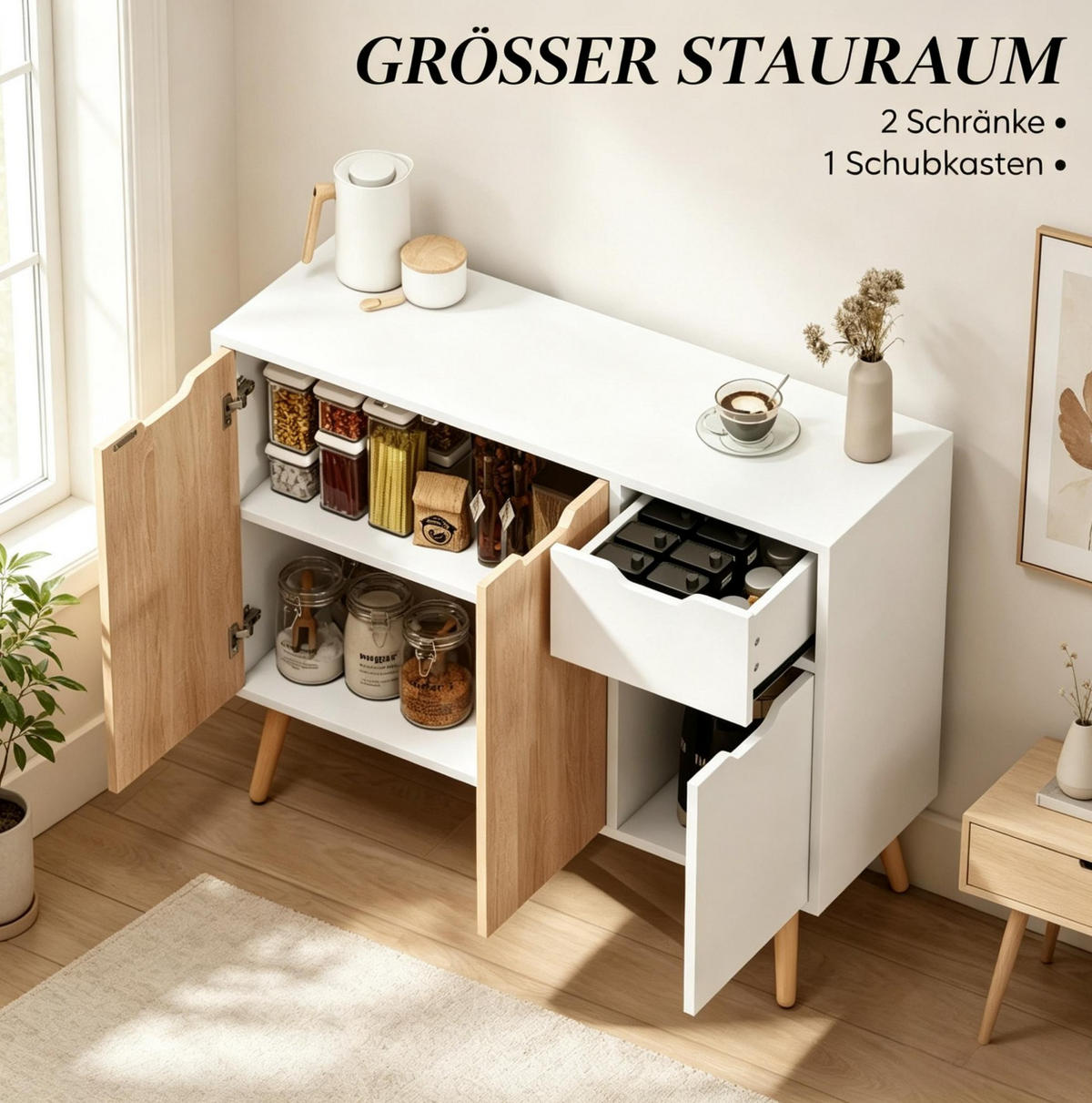 SIDEBOARD in Weiß und heller Eiche 90x30x72 cm mit 3 Türen und Schublade - Weiß, Holzwerkstoff (30/72/90cm) - IVMEU