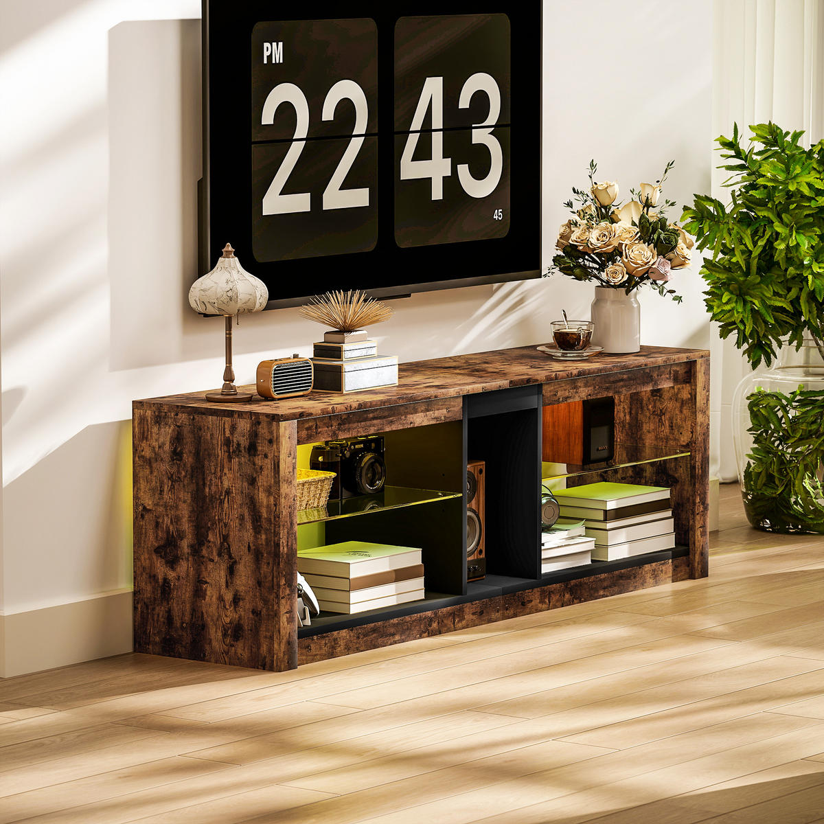 TV-LOWBOARD Braun 140/35/47 cm, LED-Beleuchtung, Glasböden - Braun, Holzwerkstoff (140/47/35cm) - PANGIVO