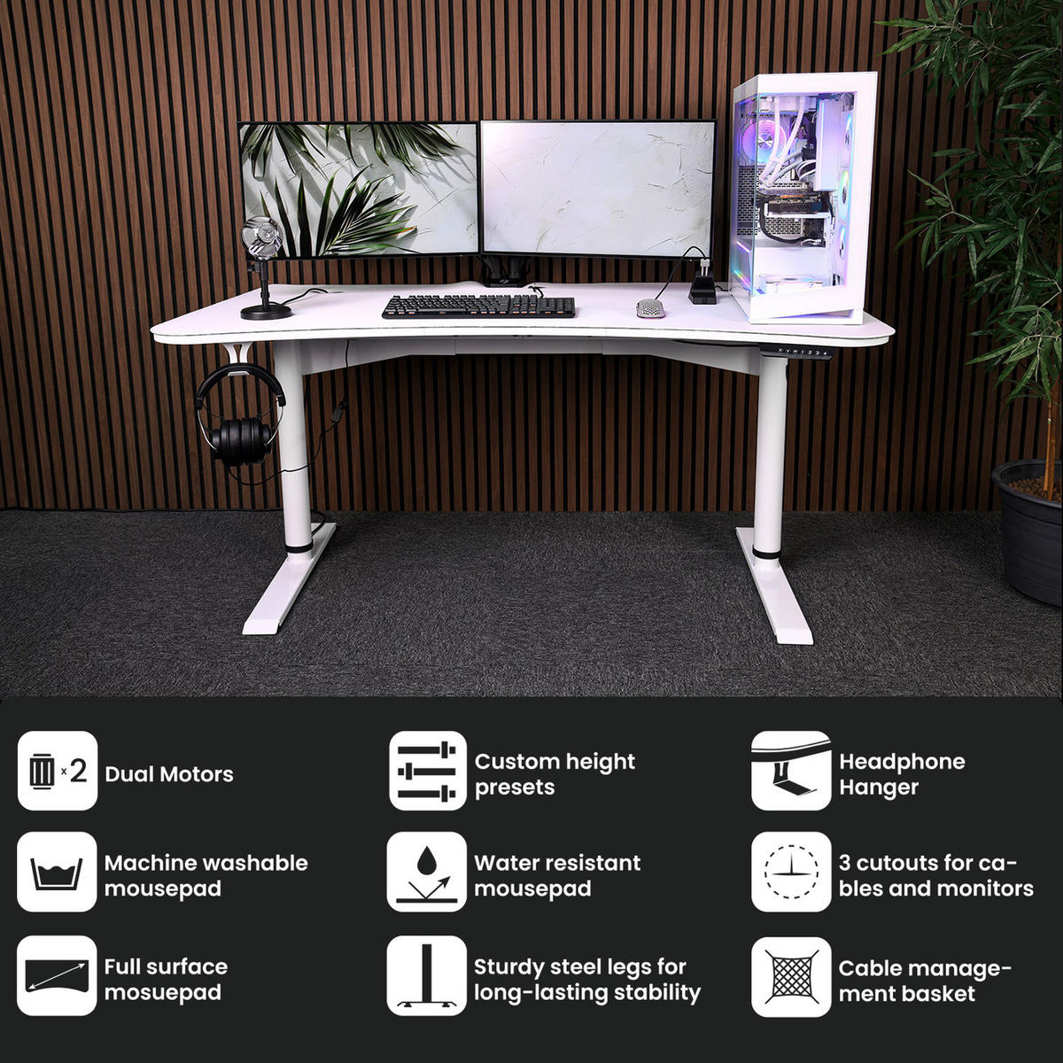 GAMINGTISCH Arena Moto 160/82/73-117 cm Höhenverstellbarer Weiß - Weiß, Metall (82/160/117cm) - Arozzi