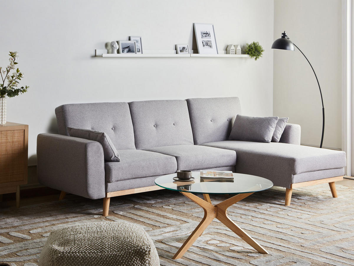 ECKSCHLAFSOFA 3-Sitzer Stoff Grau linksseitig Kaarina - Hellbraun, Textil (260/152cm) - Beliani