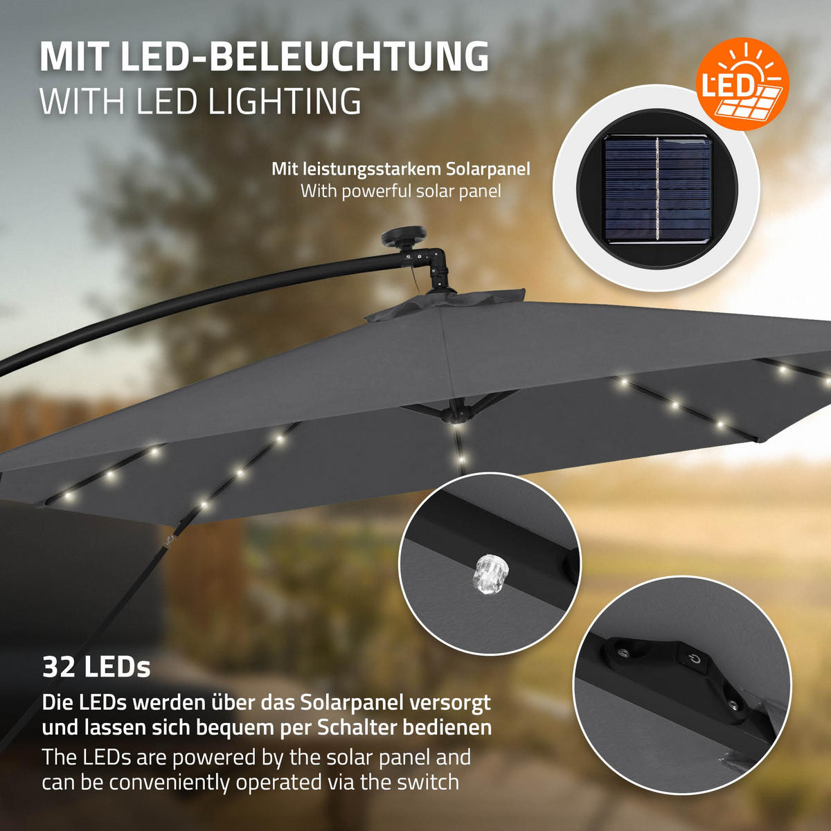 AMPELSCHIRM Ø 330 cm in Anthrazit aus Aluminium mit LED-Solar - Anthrazit, Metall (330/330cm) - ML-DESIGN