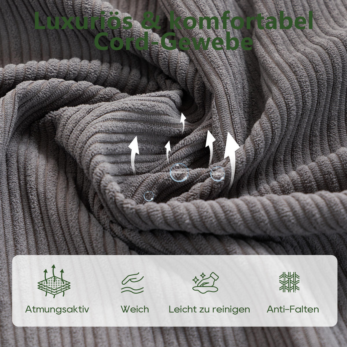 ECKSOFA 305/154/69 cm Dunkelgrau Cord mit 1 Fußhocker - Dunkelgrau, Textil (305/154cm) - Oxeza