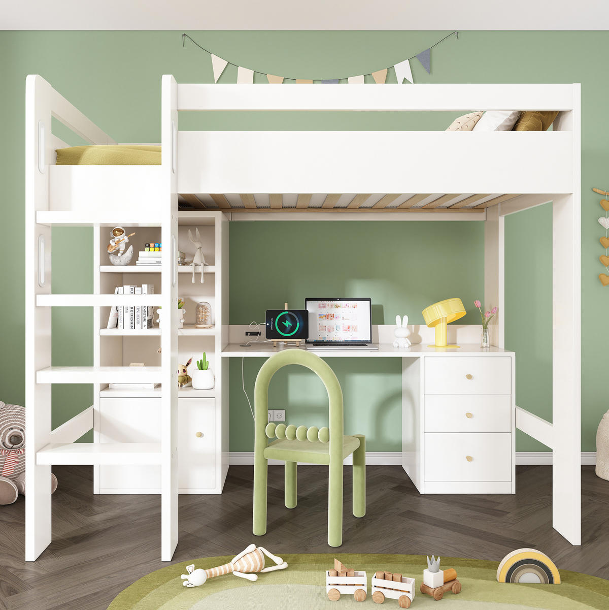 KINDEREINZELBETTEN aus MDF und Spanplatte 90x200 cm in Weiß mit Schreibtisch & USB/Type-C - Weiß, Holzwerkstoff (90/200cm) - Modfu