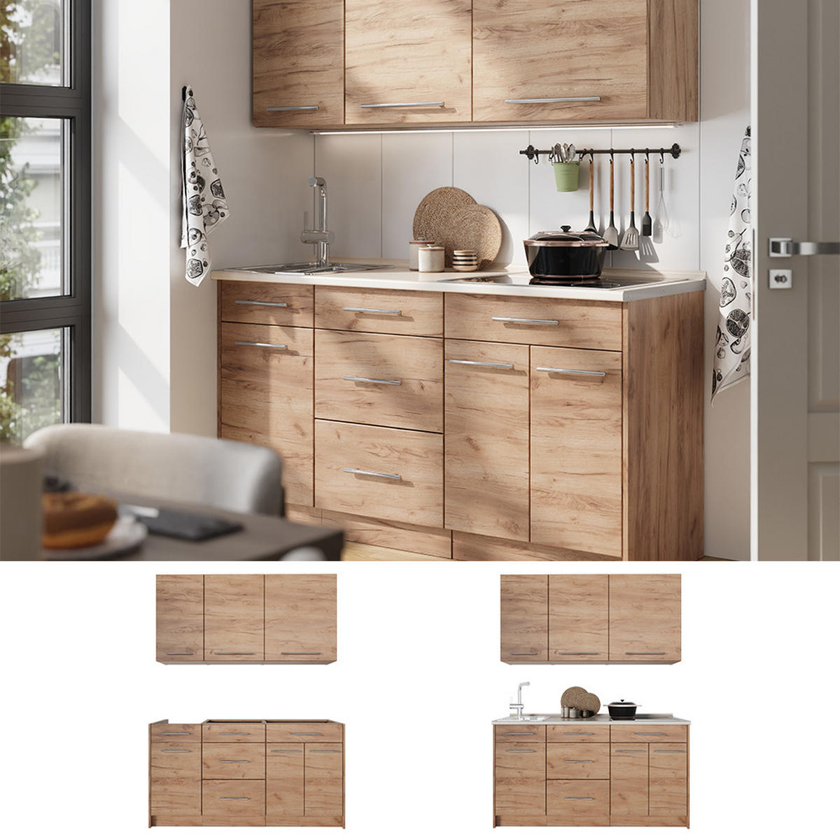 SINGLEKÜCHE Fame-Line, Goldkraft Eiche/Goldkraft Eiche, 150 cm Arbeitsplatte Marmor - Honigeiche, Holzwerkstoff (150/81.2/60cm) - Vicco