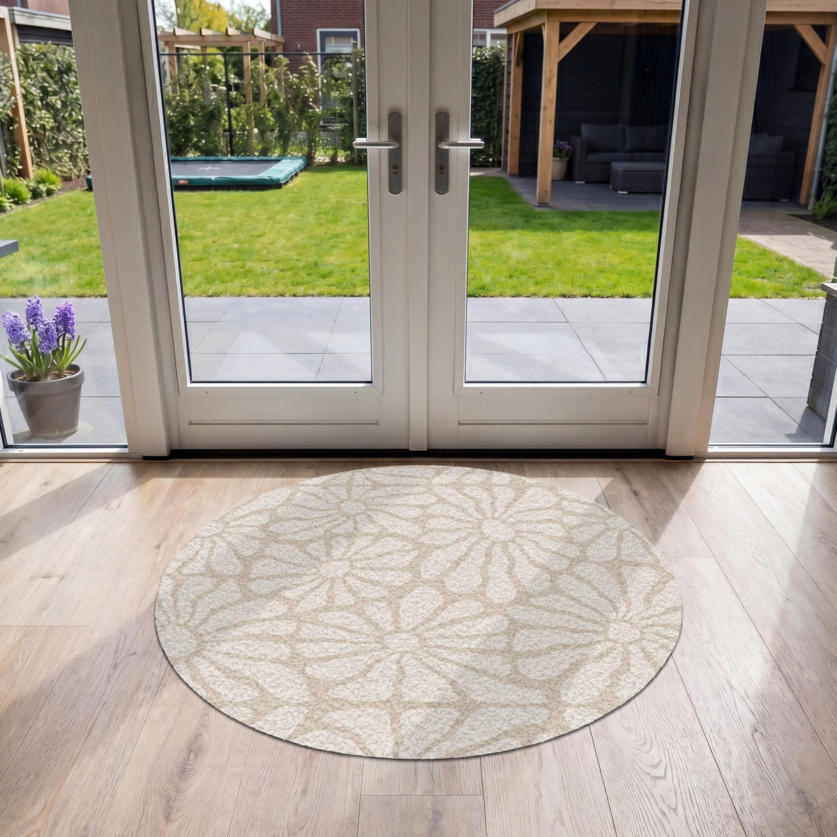 FUSSMATTE Floral - Druck - Beige - Braun - Minimalistisch Schmutzfangmatte 120x120 cm - Sandfarben, Kunststoff (120/120cm) - MuchoWow