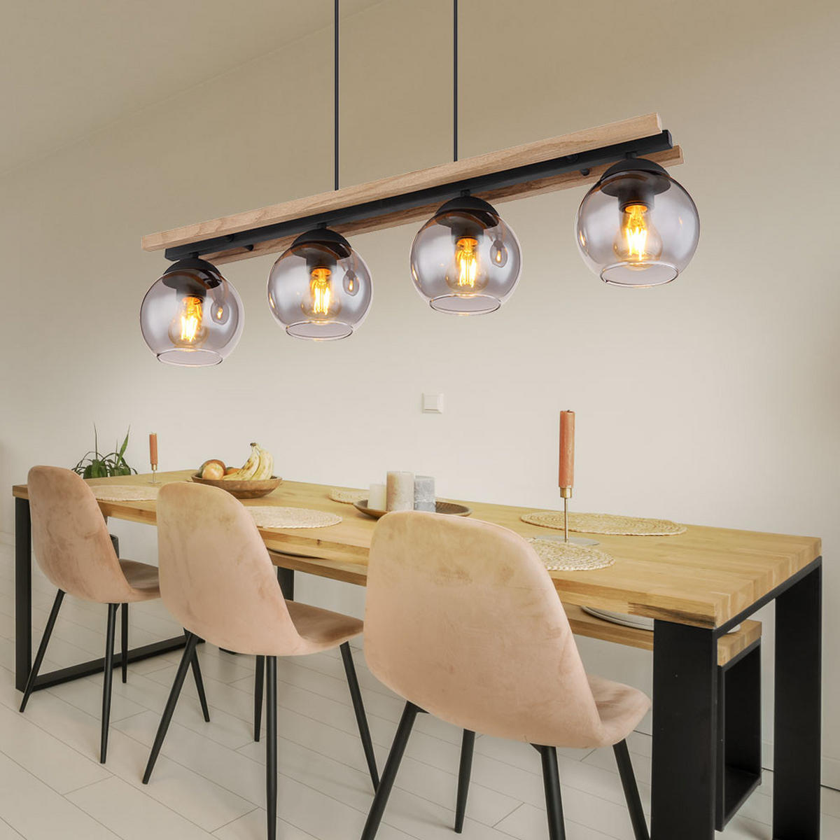 HÄNGELEUCHTE Metall Eichenholz Schwarz 4 Flammig - Schwarz, Holz (85/15/120cm) - Globo Lighting