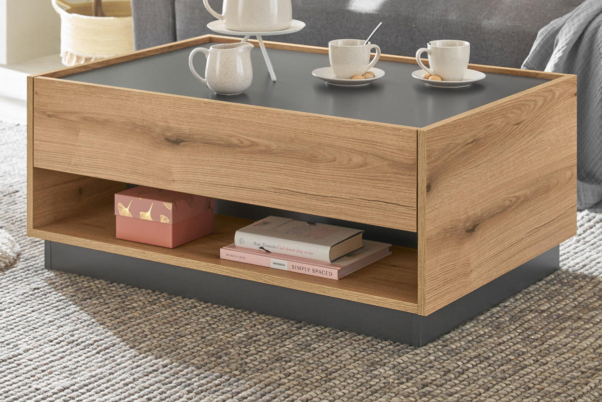 COUCHTISCH Evoke Eiche, grau 90 x 60 cm, Wohnzimmertisch mit Stauraum - Eichefarben/Schwarz, Holzwerkstoff/Metall (90/60/38cm) - Furn.Design