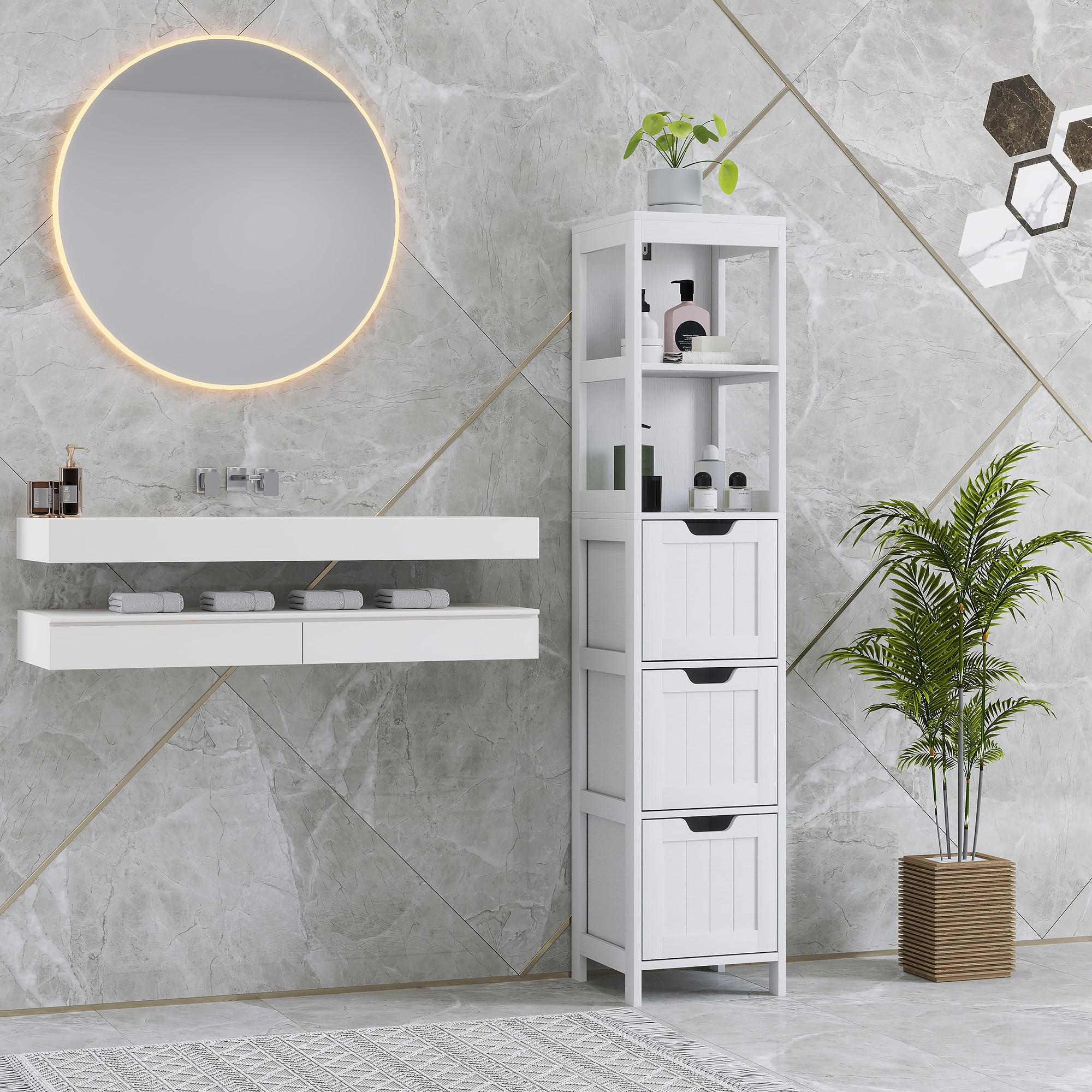 BADEZIMMERSCHRANK mit 3 Schubladen, 2 offenen Fächern, Weiß, 30 x 30 x 142,4 cm - Weiß, Holz (30/142.4/30cm) - HOMCOM