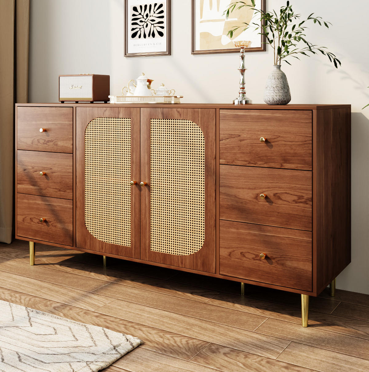 SIDEBOARD 160/40/90 cm aus MDF mit Rattantüren Natur - Eichefarben, Holzwerkstoff (160/90/40cm) - Modenvie