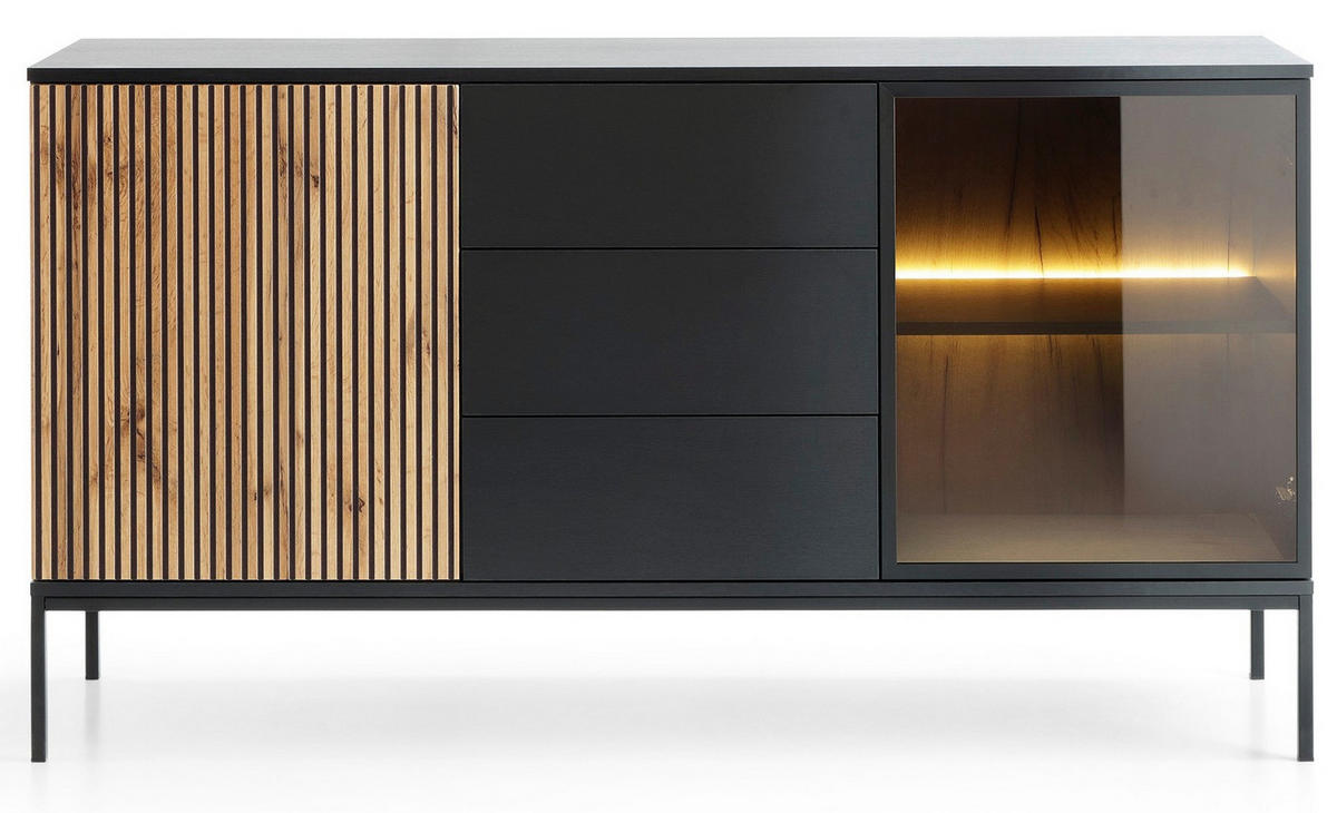 KOMMODE 150 cm Haller mit Schubladen, LED-Beleuchtung, Lamellen, Braun - Braun, Holz (154/83/39cm) - Emporius