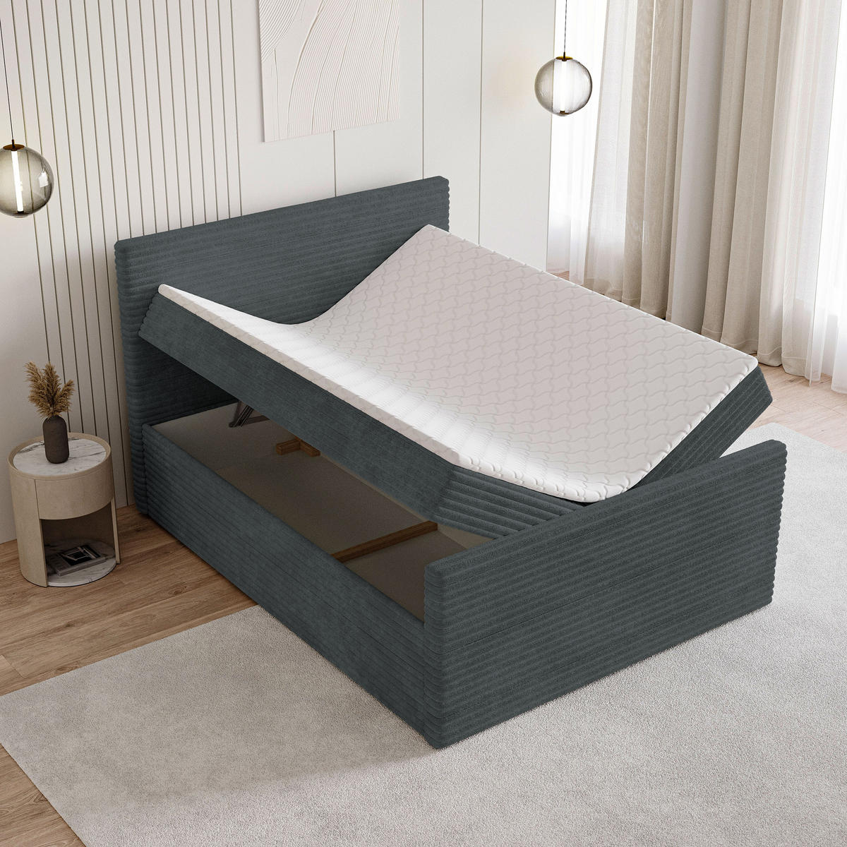 BOXBETT NOLEN 160x200 cm mit Matratze und Topper - Grau - Grau, Holz (160/200cm) - MASSENO