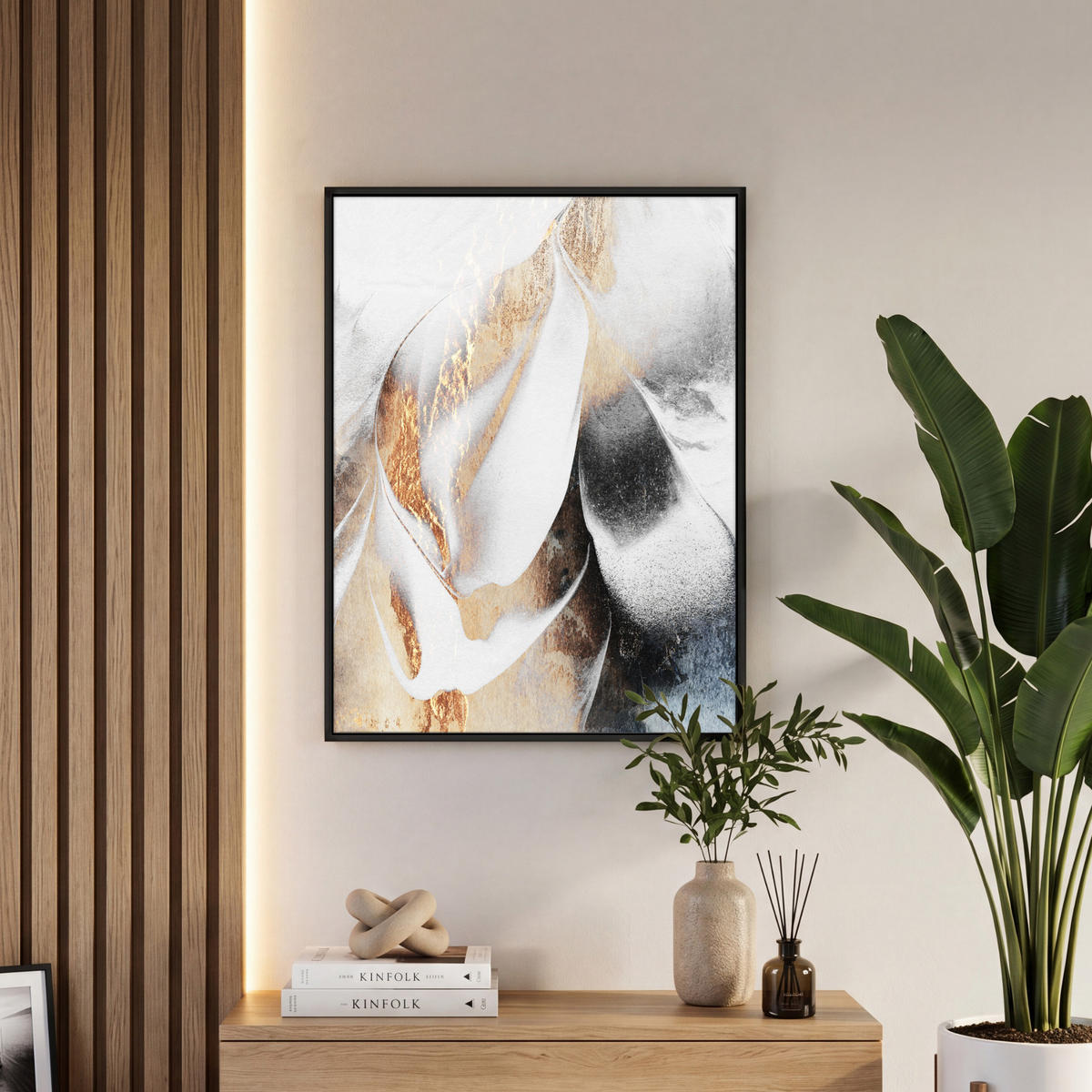 LEINWAND Bilder mit Rahmen - Luxus - Abstrakt - Gold - Weiß - 50x70 - Goldfarben, Textil (50/70cm) - MuchoWow