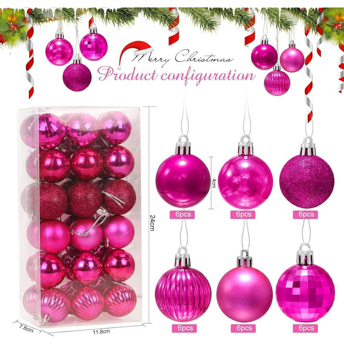 WEIHNACHTSKUGELN 36-teiliges Set Kunststoff 4 cm - Pink, Kunststoff (4/4/4cm)