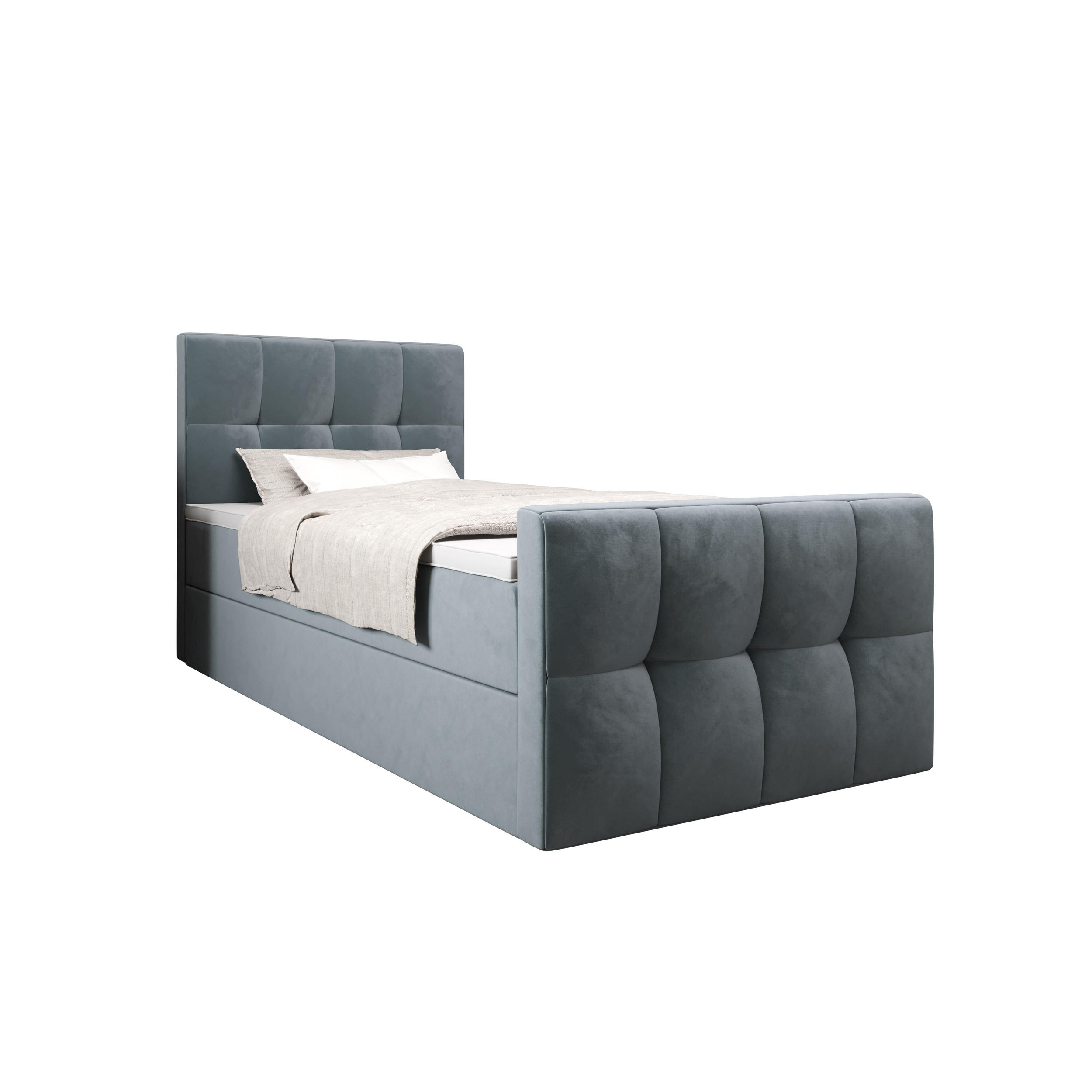 BOXBETT MANHATTAN mit Matratze H3, Bonell und Topper 90x200 Monolith 72 - Blau, Textil (90/200cm) - Bedante