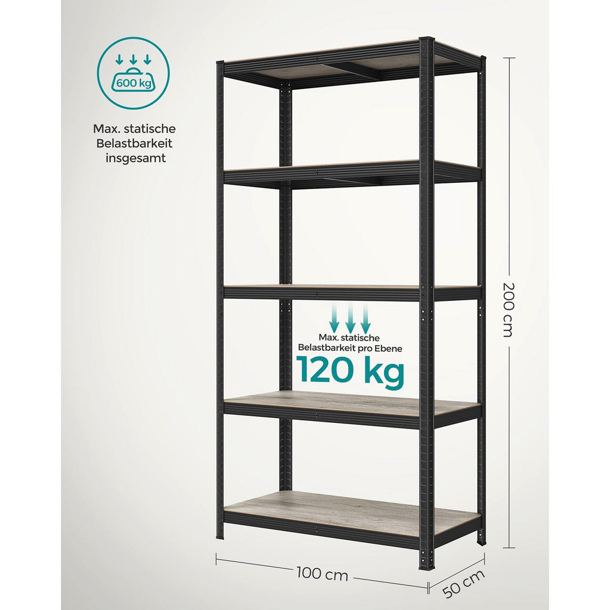 SCHWERLASTREGALE N'DJAMENA - Schwarz, Holzwerkstoff (100/200/50cm) - Hansiro