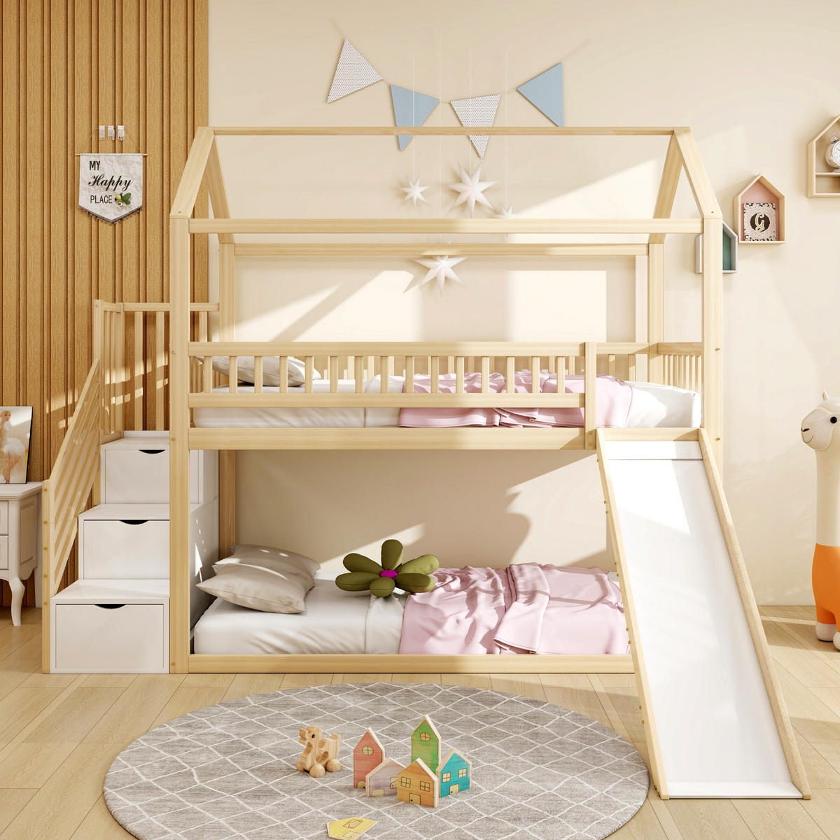 HOCHBETT 90/200 cm in Natur mit Rutsche, Stauraumleiter und Geländer - Naturfarben, Holz/Holzwerkstoff (90/200cm) - CHICFURN