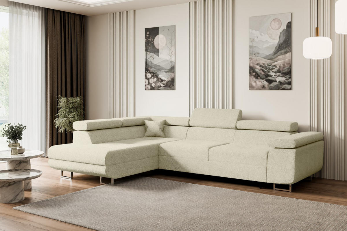 ECKSOFA mit Schlaffunktion und Bettkasten GUSA-L 272x202x107 cm Beige Bouclé - Beige/Silberfarben, Holzwerkstoff/Textil (202/272cm) - ALTDECOR