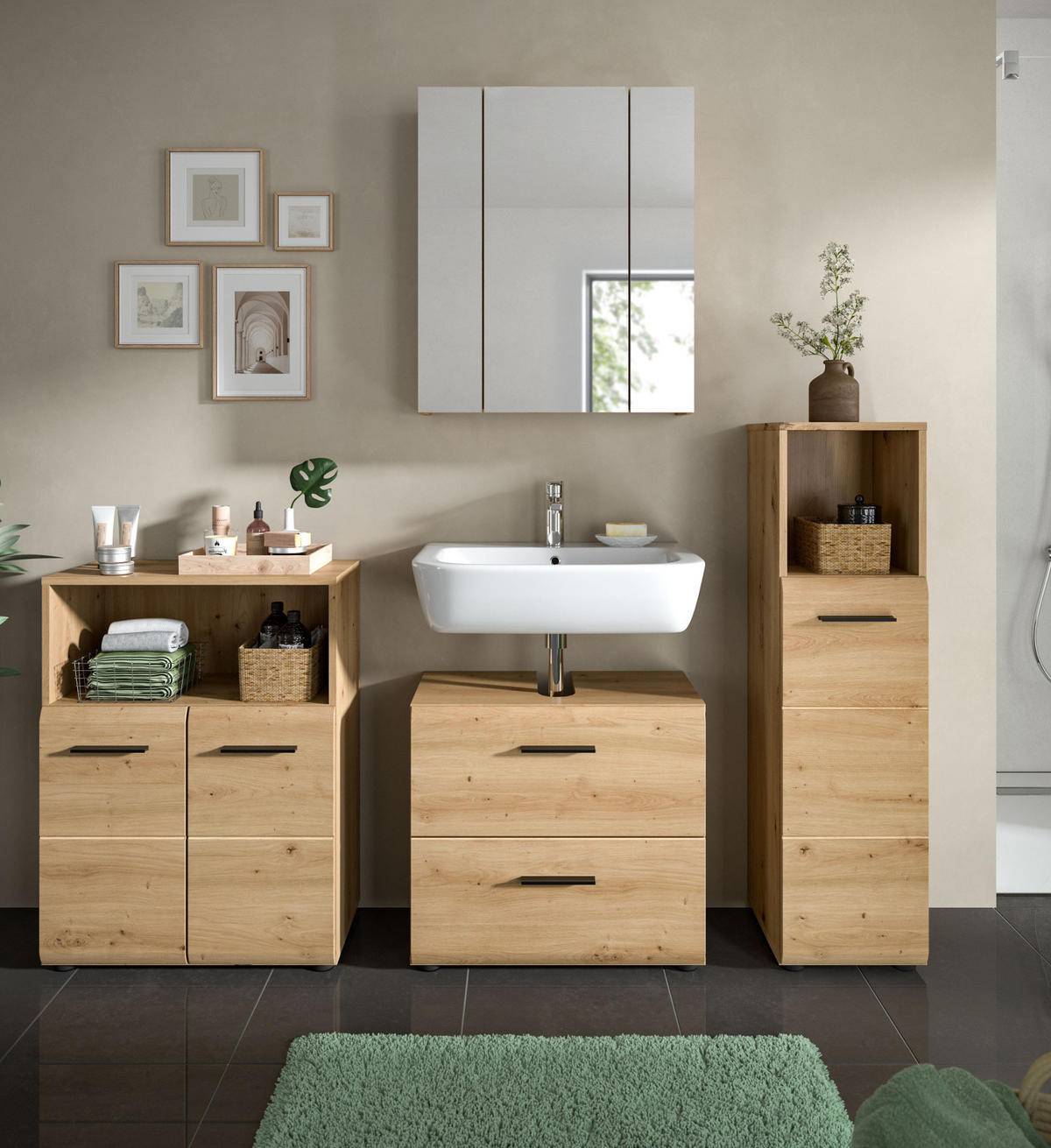 BADMÖBEL-SET 4-teilig in Artisan Eiche, Badkombination 180 x 185 cm, Cover - Schwarz/Eiche Artisan, Glas/Holzwerkstoff (180/185/30cm) - Inn.Furn